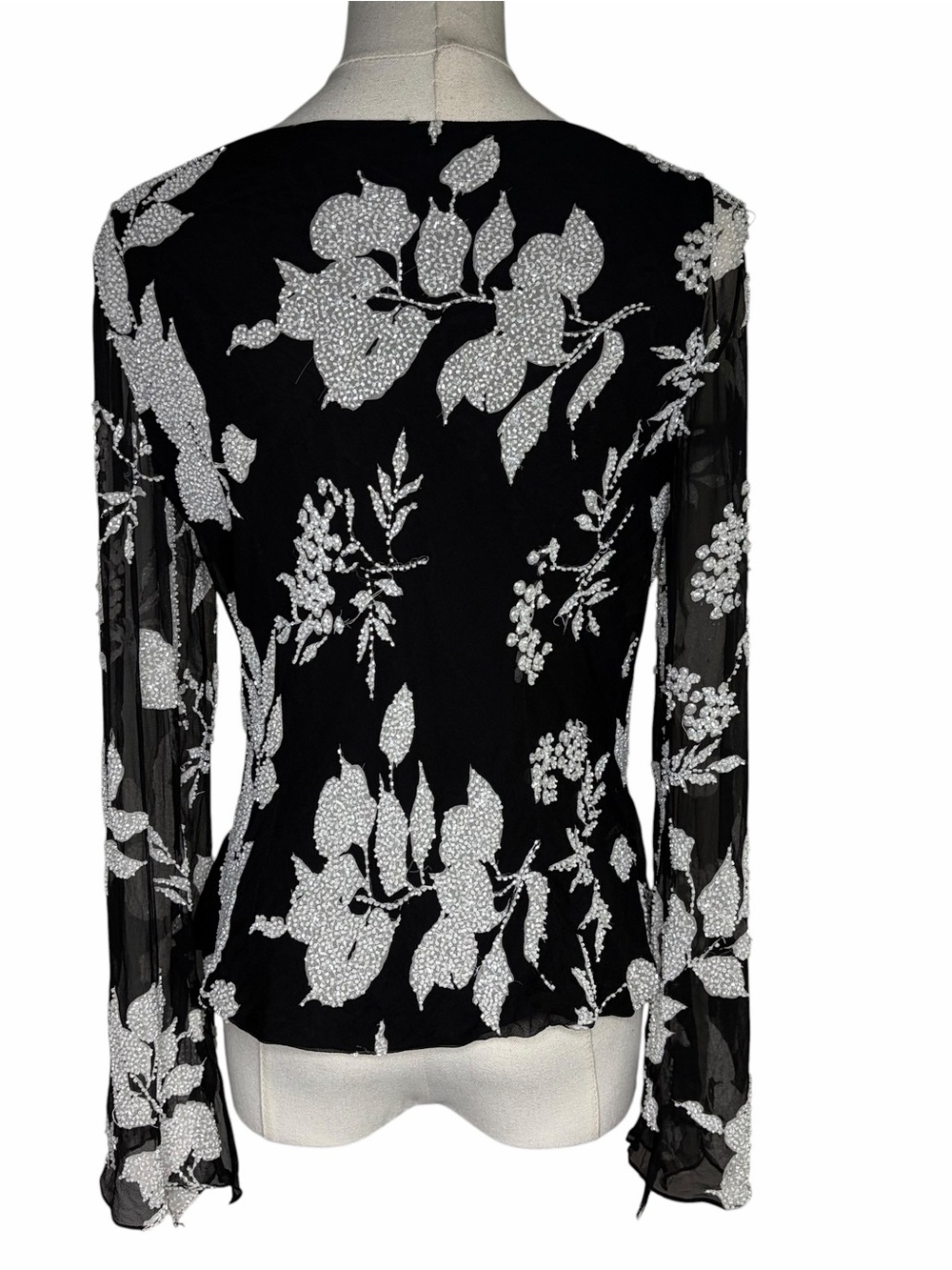 Carmen Marc Valvo 100% silk Black Beaded Floral Cowl Neck Shirt Blouse - Picture 6 of 7